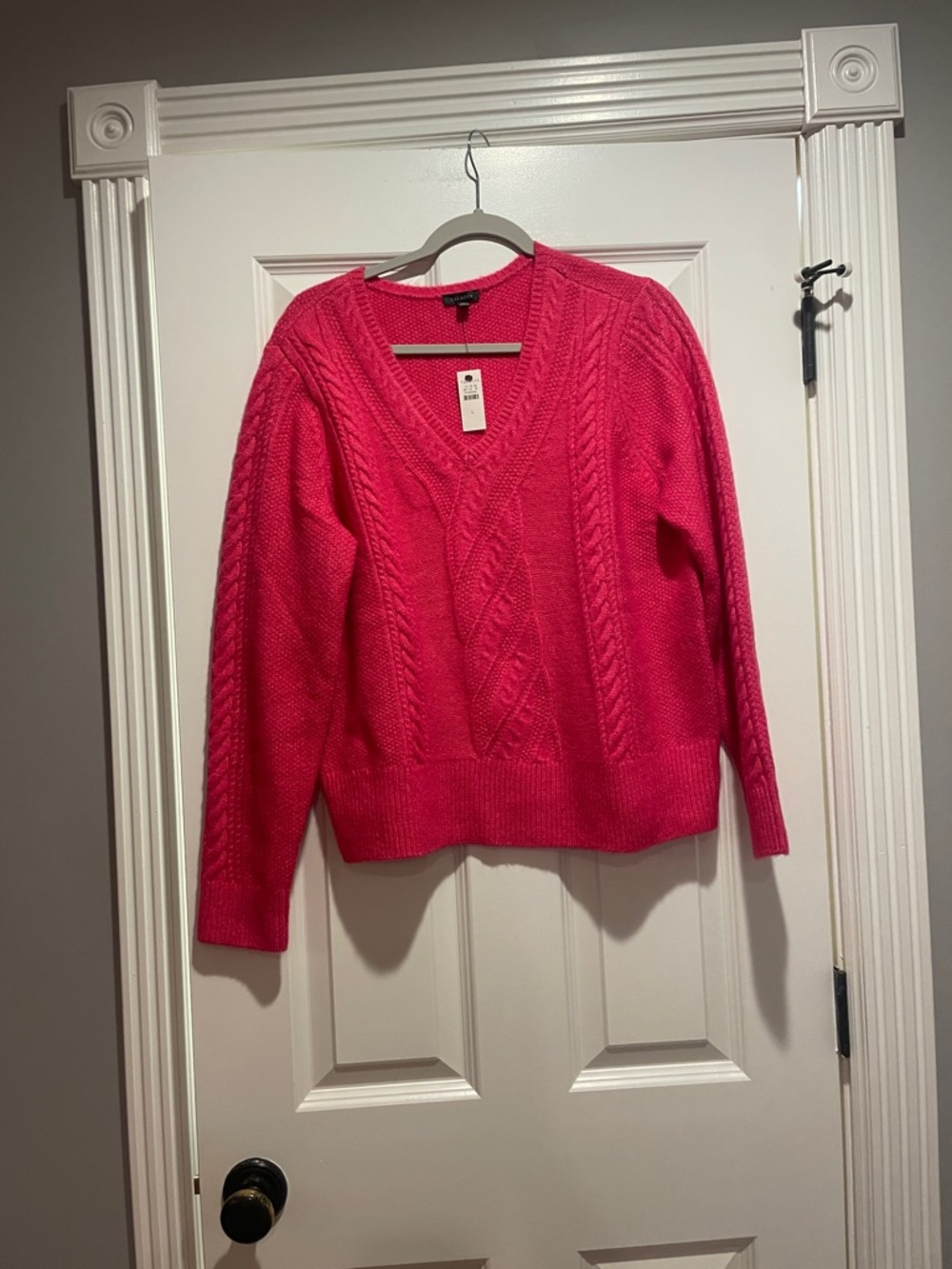 Talbots Cable Knit V-Neck Sweater in Bright Pink